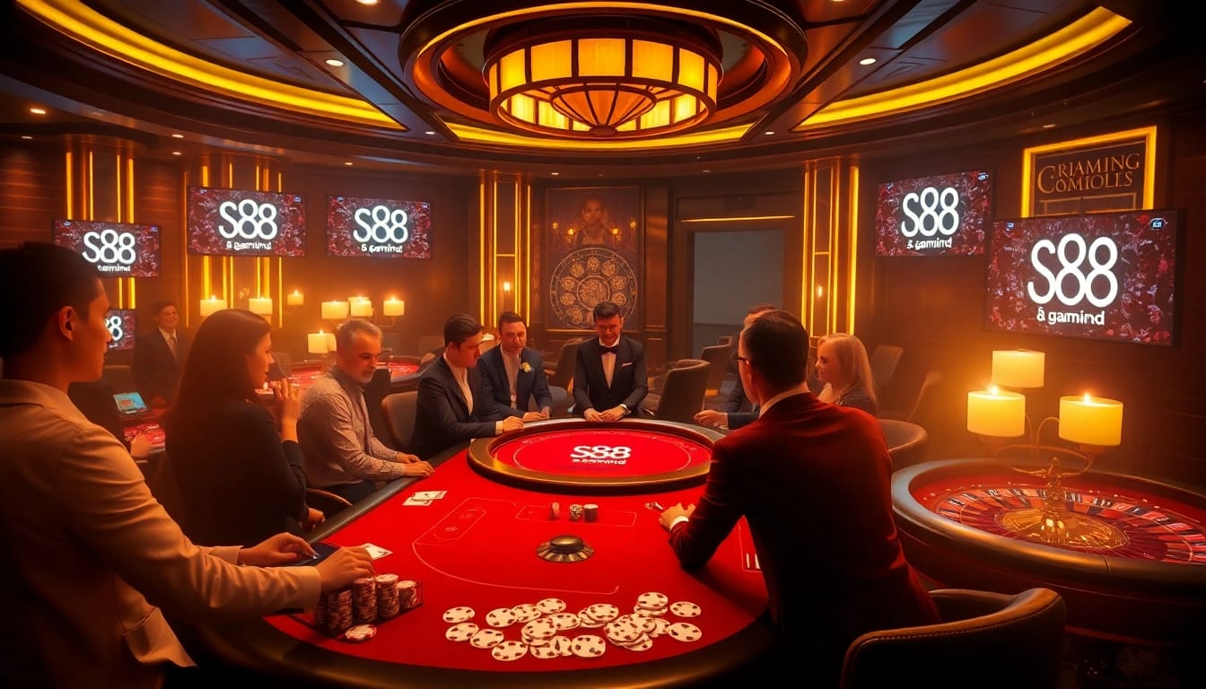 S8 gamblers enjoying a luxurious poker game at a high-end casino with vibrant atmosphere