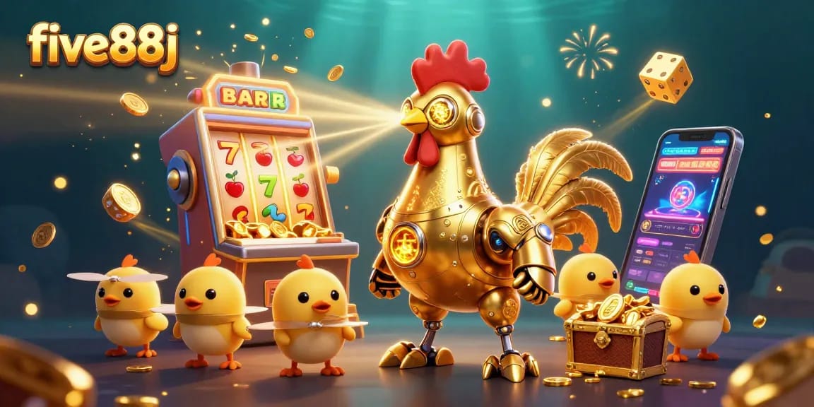 Engage in a vibrant five88j casino adventure featuring a golden rooster robot and dynamic slot machine.