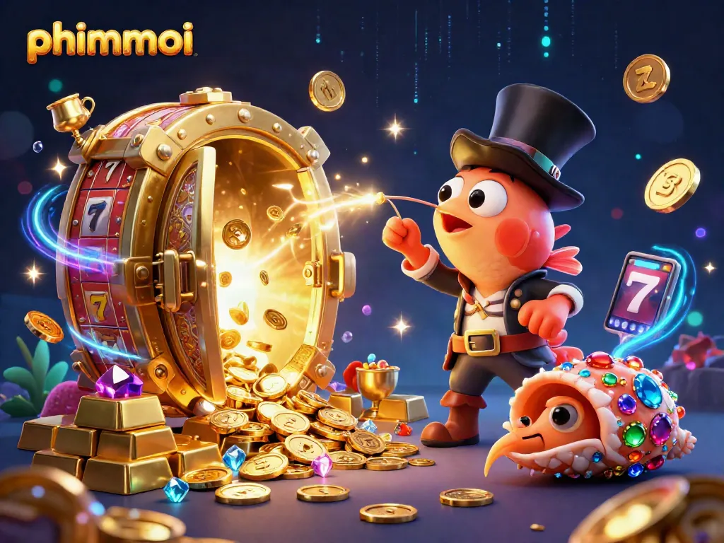Experience thrilling wins with phimmoi as the anglerfish attracts bright golden coins in a vibrant casino scene.
