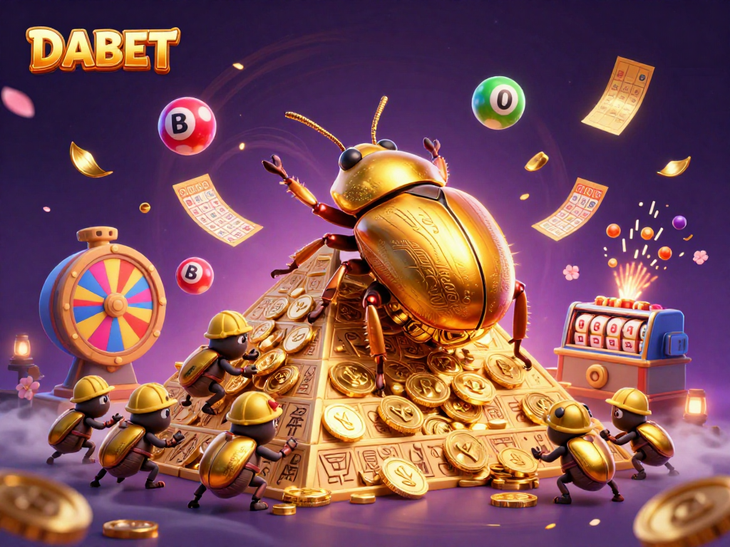 DABET offers an exciting scene with lottery balls and casino symbols amid golden coins, engaging players.