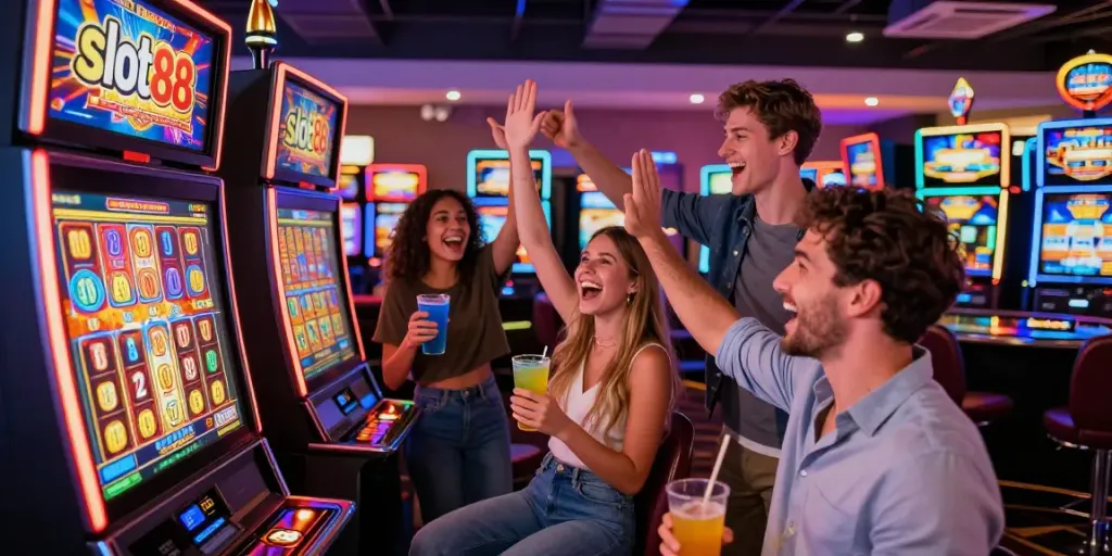 Pemandangan permainan kasino dengan mesin slot slot88 yang cerah, ramai dengan teman-teman yang merayakan kemenangan.