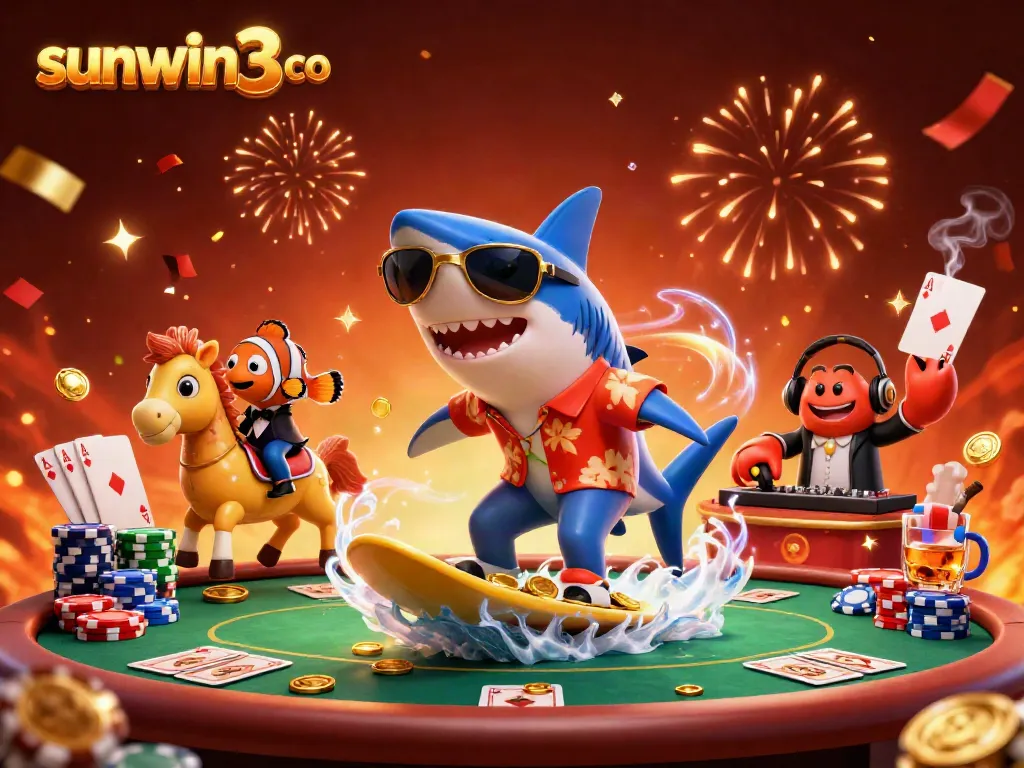 Engage with the vibrant atmosphere of sunwin3 co, featuring cartoon characters and gaming elements in a lively casino setting.