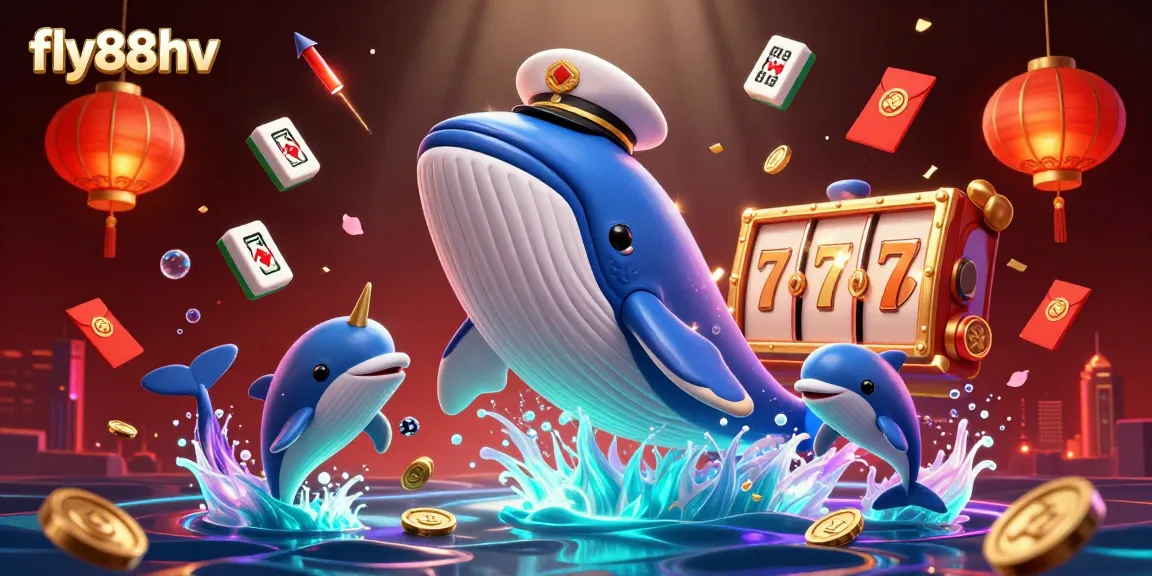 Immerse in the vibrant world of fly88hv with a spectacular scene of a whale and playful dolphins illustrating online casino excitement.