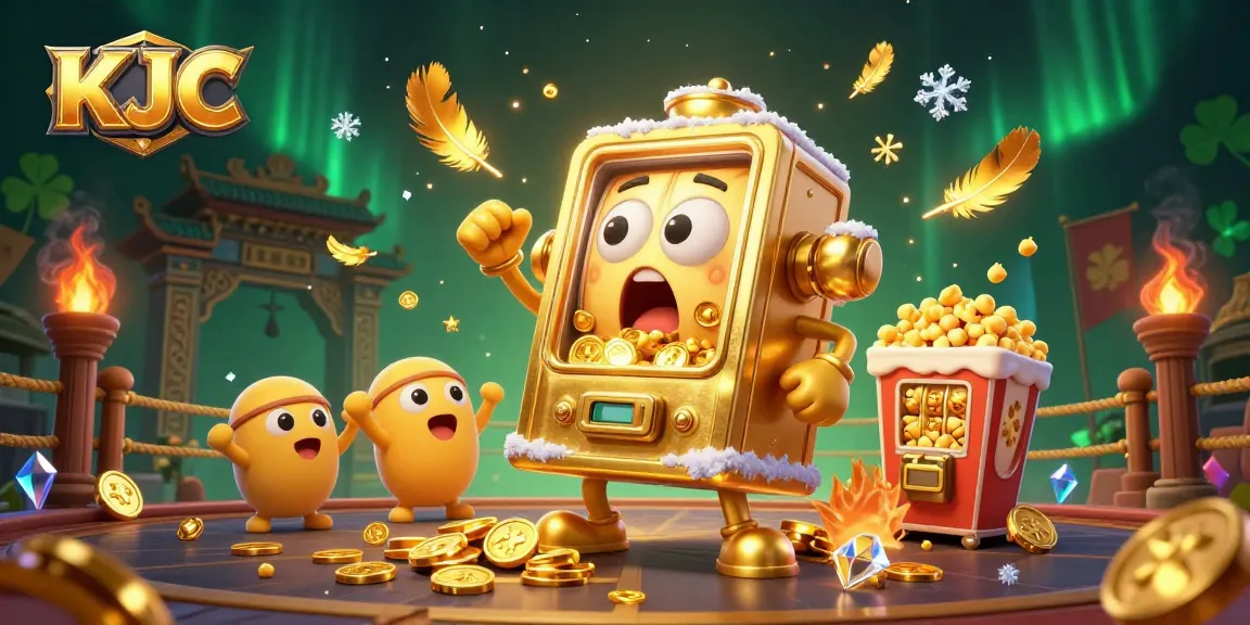 KJC animated slot machine celebrating a jackpot amidst a dynamic casino scene with coins and colorful game elements.