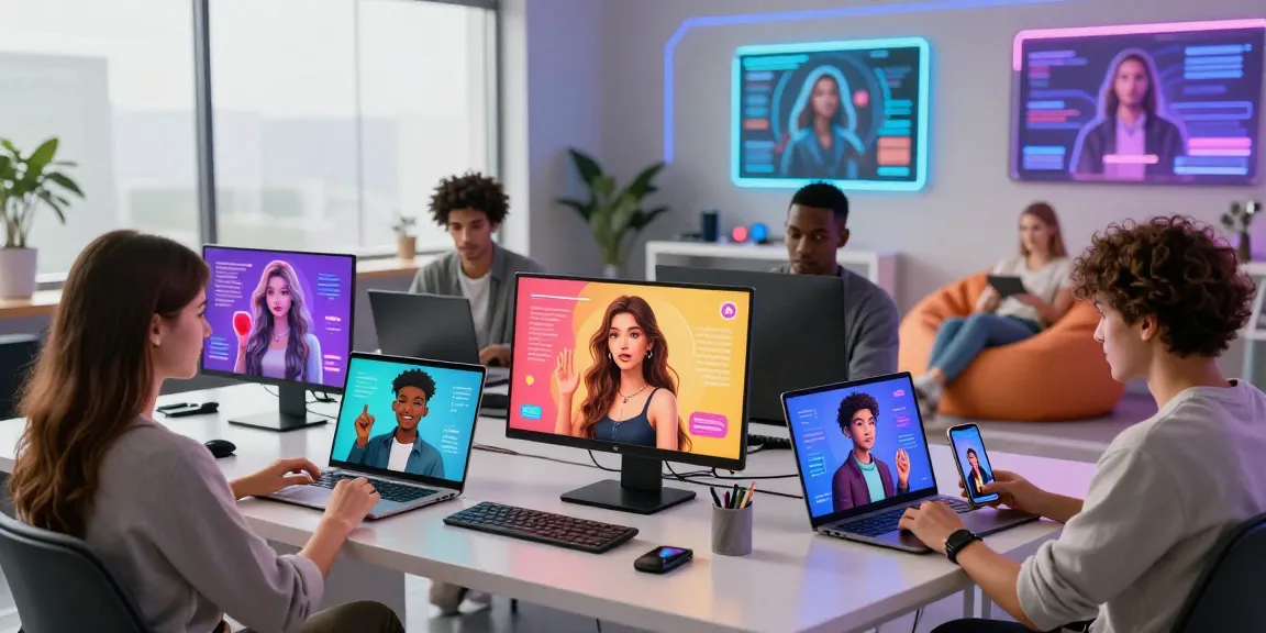 Engaging scene of users interacting with NSFW character AI companions on devices in a vibrant, modern workspace.