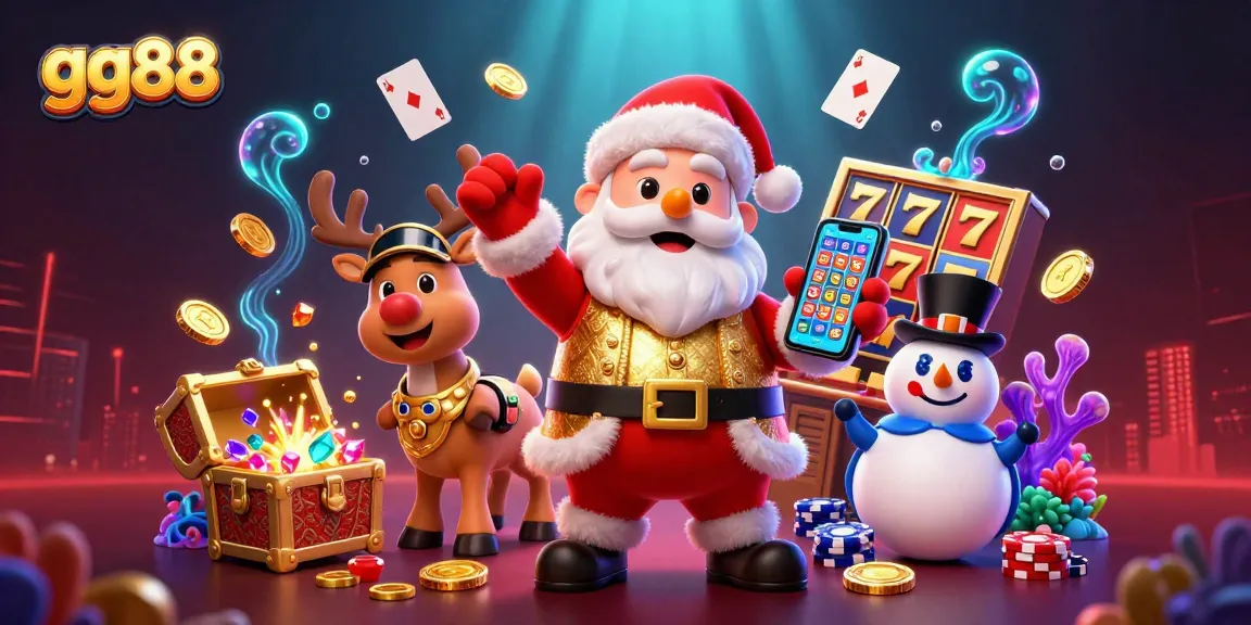 Play slots and win big with gg88 in this vibrant casino illustration featuring Santa and friends.
