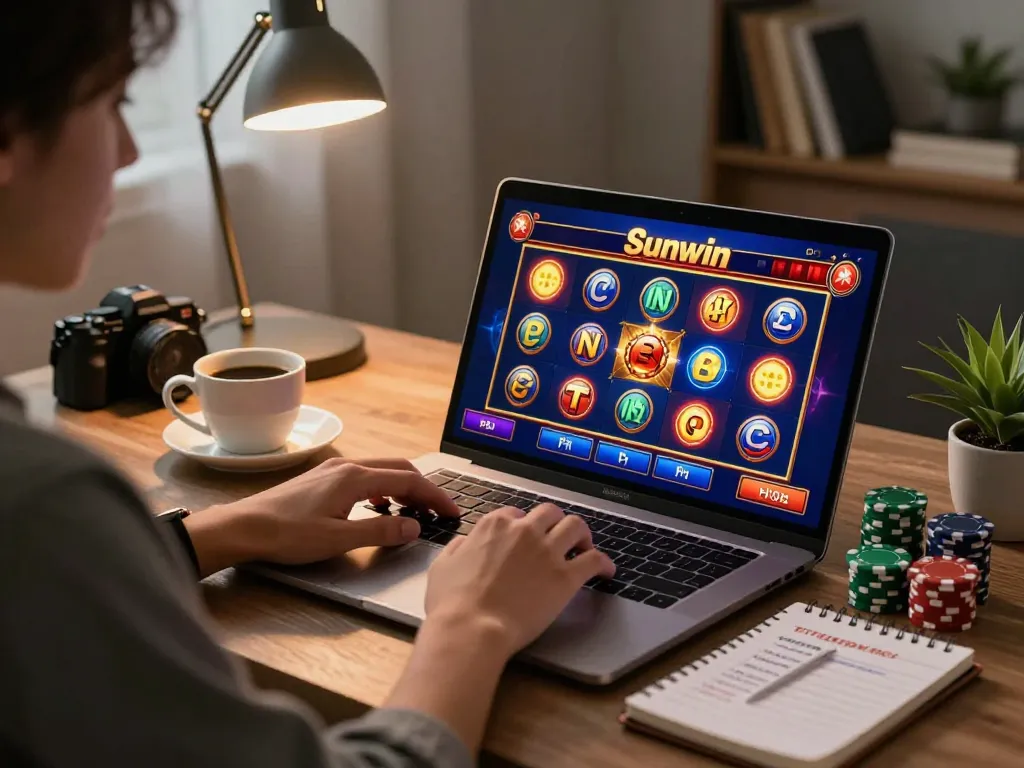 Experience the excitement of Sunwin gaming on a laptop in a cozy home setting with vibrant visuals and strategy notes.
