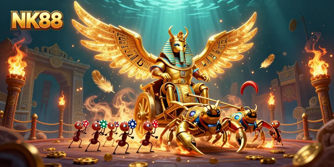 Engage with thrilling gaming action at NK88 featuring vibrant characters, gold coins, and an exciting casino backdrop.