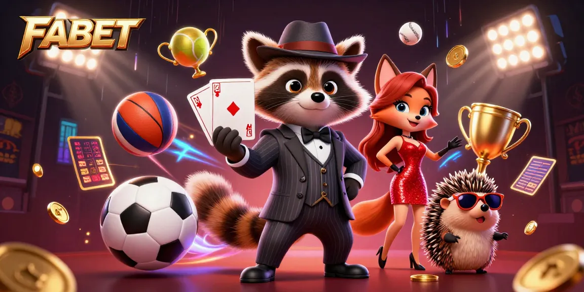 Engage with FABET's thrilling sports betting scene featuring a suave raccoon and dynamic visuals.