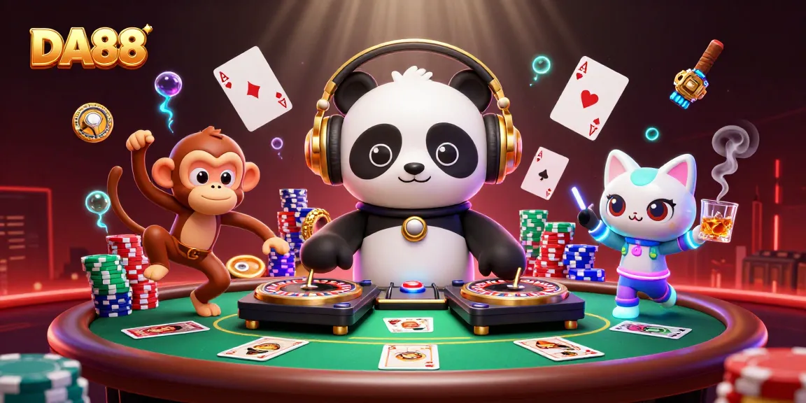 Experience the vibrant gaming scene at DA88 with a DJ panda, breakdancing monkey, and rave kitten spinning excitement.