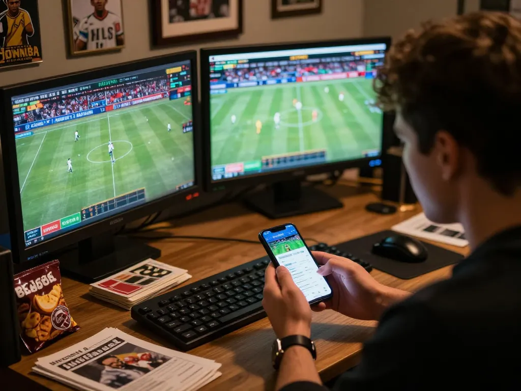 Person engaged with keonhacai5 sports betting app while watching live games, creating a strategic atmosphere