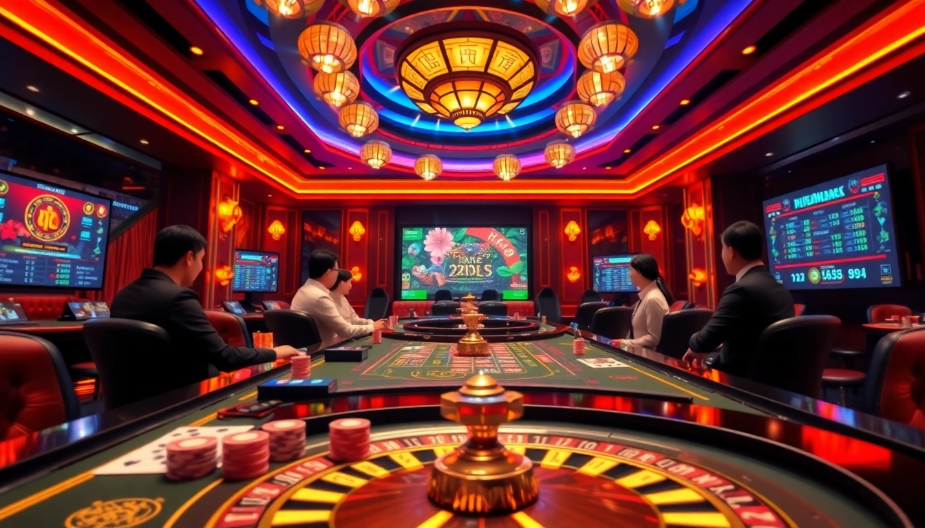 Engaging in a thrilling game bài at a luxurious casino table filled with poker chips and cards.