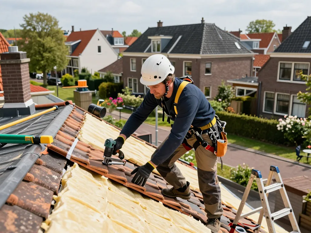 Vakkundige dakdekker Utrecht die dakmaterialen inspecteert op een woonlocatie.