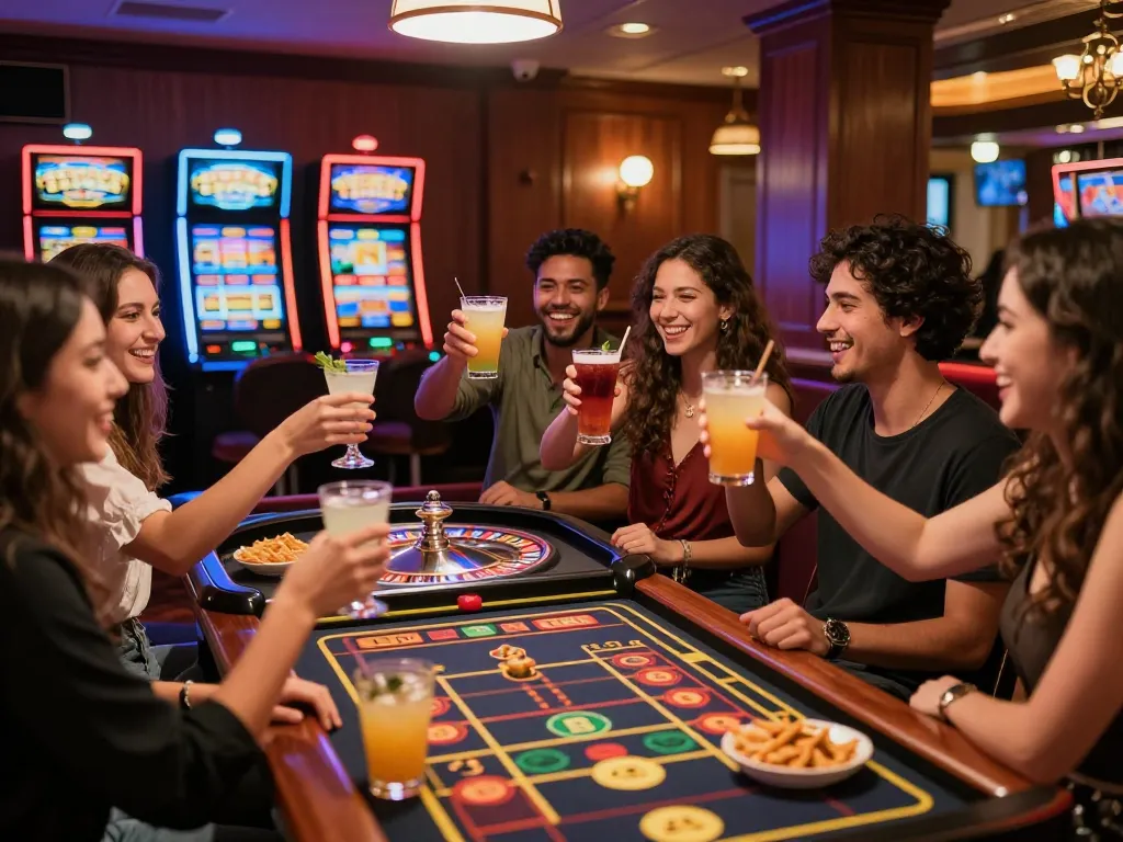 Red 88 guests celebrating wins and enjoying drinks at a lively casino bar atmosphere.