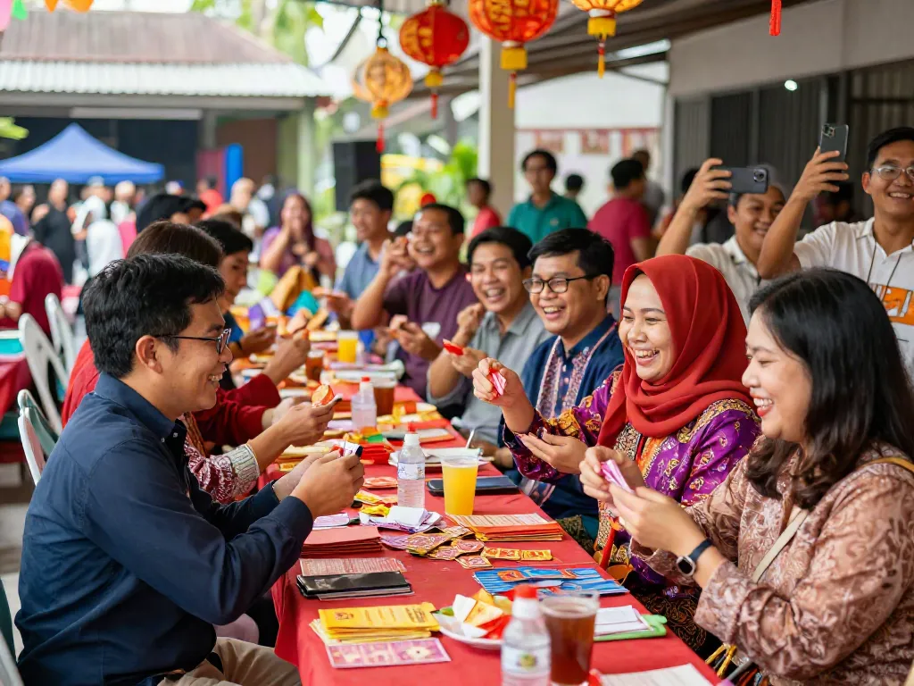 Participants engaging in ROKOK88's Tarik Angpao Bagi Rejeki 2027 event, filled with color and excitement.