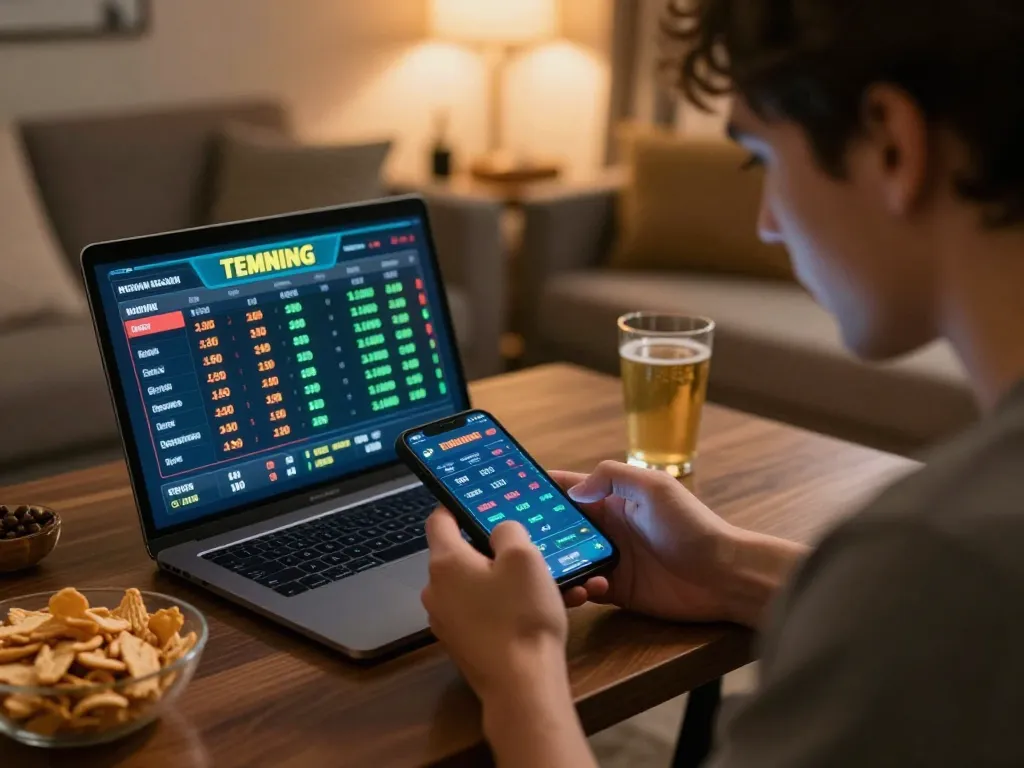 Engaging mobile betting scene showcasing Link đăng ký Red88 with user checking live odds on smartphone and laptop