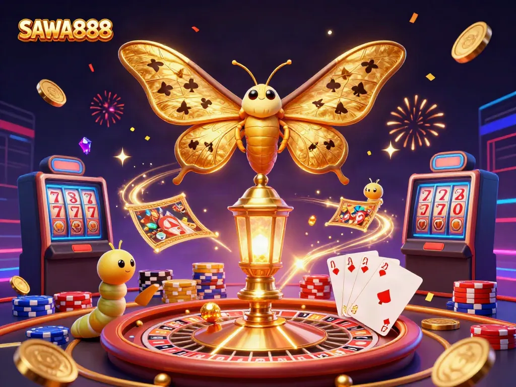 Engage with SAWA888's exciting casino atmosphere featuring a majestic moth and golden imagery.