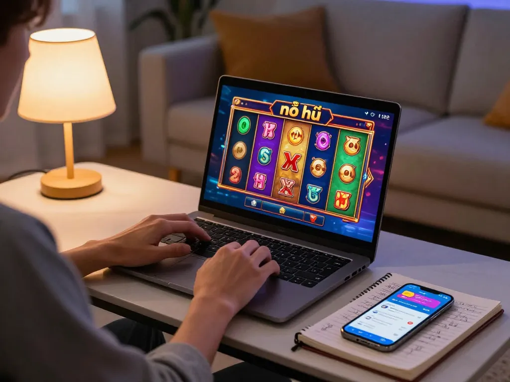 Engaging in nổ hũ online gameplay at home, laptop displaying vibrant slot game and strategic notes.