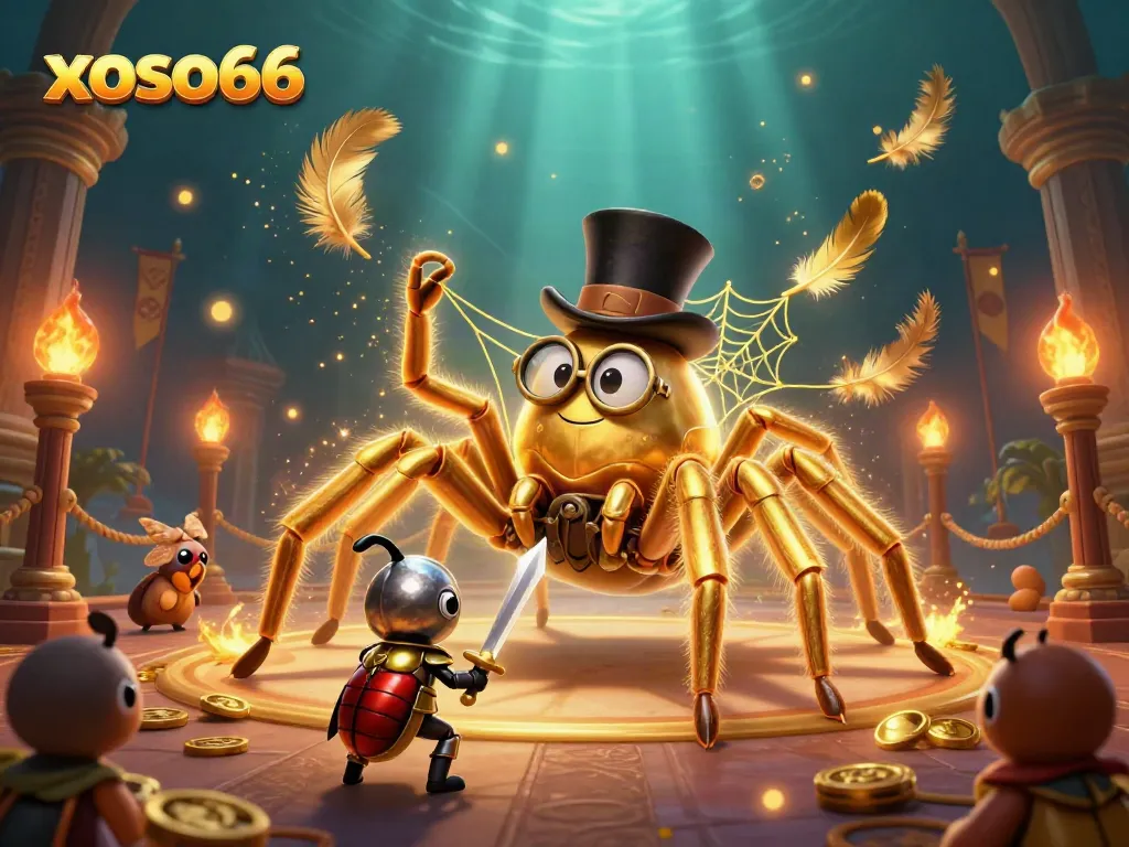 xoso66 features a golden tarantula weaving a web in a vibrant casino scene