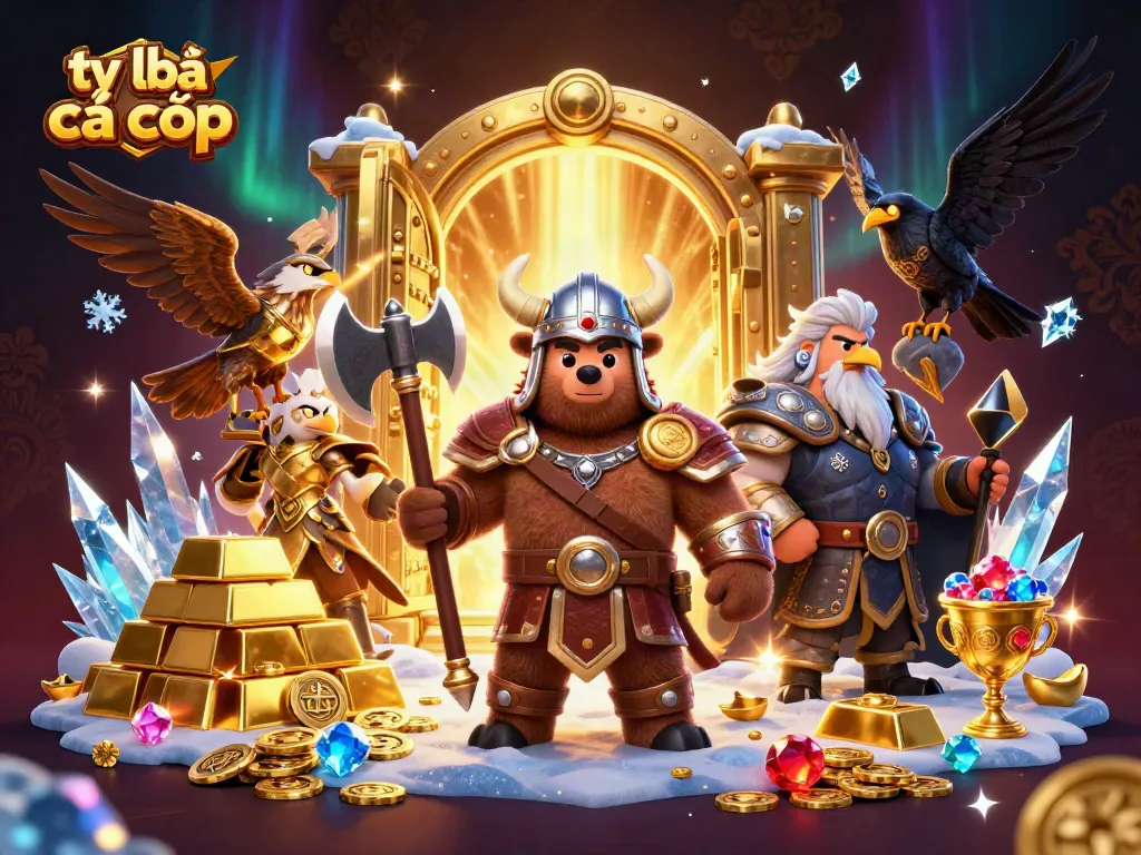Bet on tỷ lệ cá cược with Viking, Valkyrie, and treasures in a vivid casino scene.