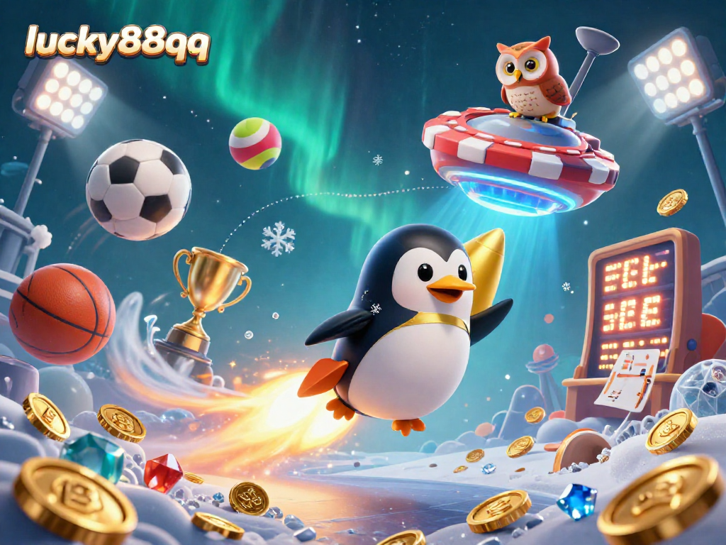Bet on lucky88qq with a golden penguin soaring towards a casino chip in this vibrant scene.