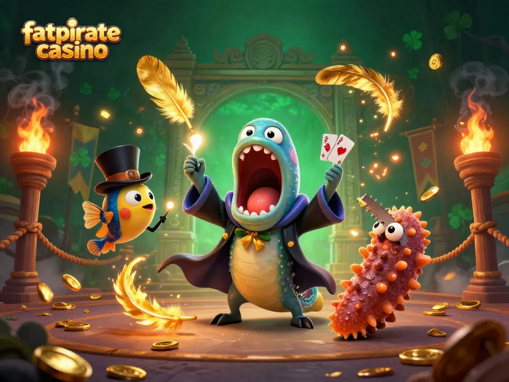 Experience the excitement at fatpirate casino with card tricks and magical performances in a vibrant 3D scene.