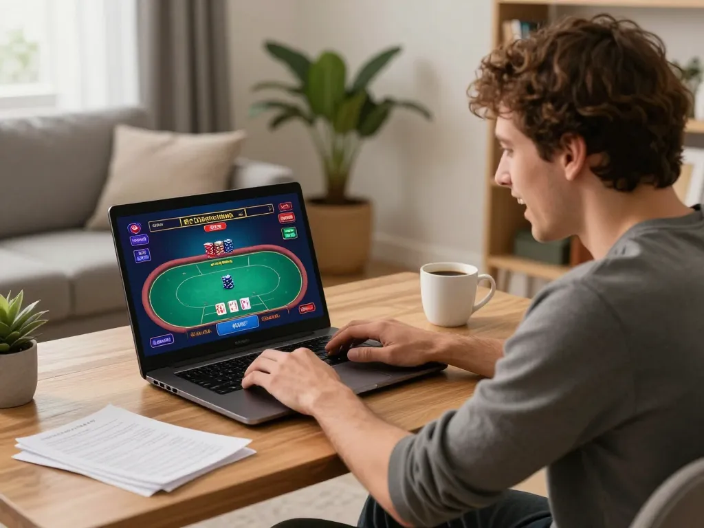 KJC player immerses in online poker strategy at home, showcasing focused gameplay.