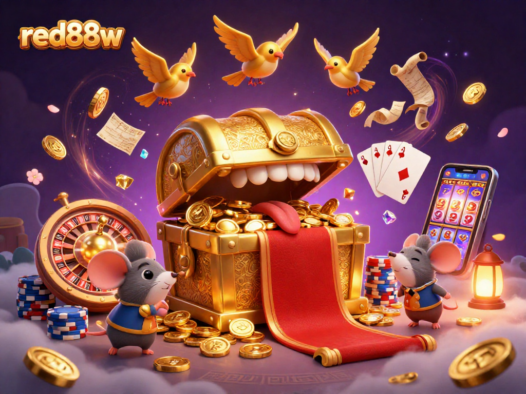 Engage with red88w’s vivid treasure-laden casino platform, showcasing dynamic gaming elements.