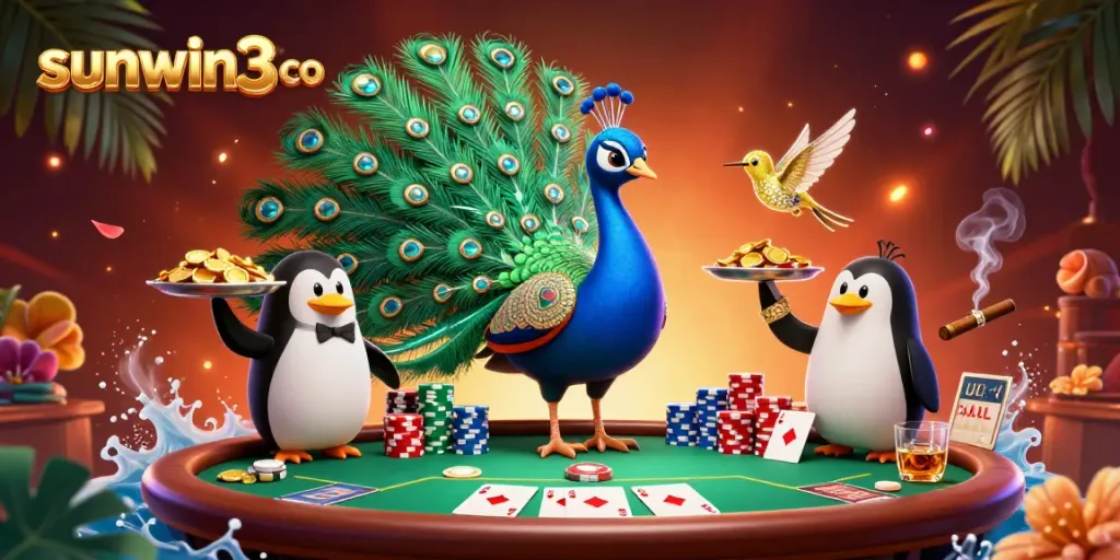 Experience exciting gameplay with sunwin3 co in a vibrant casino scene featuring a peacock and poker elements.