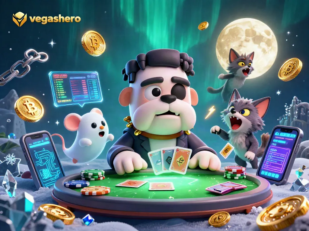 Engaging vegashero-themed casino scene with characters and glowing crypto elements at play.