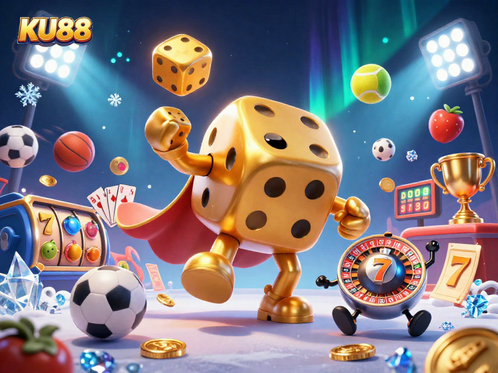 Experience exciting wins with KU88 as golden dice and game elements thrive in vibrant 3D illustration.