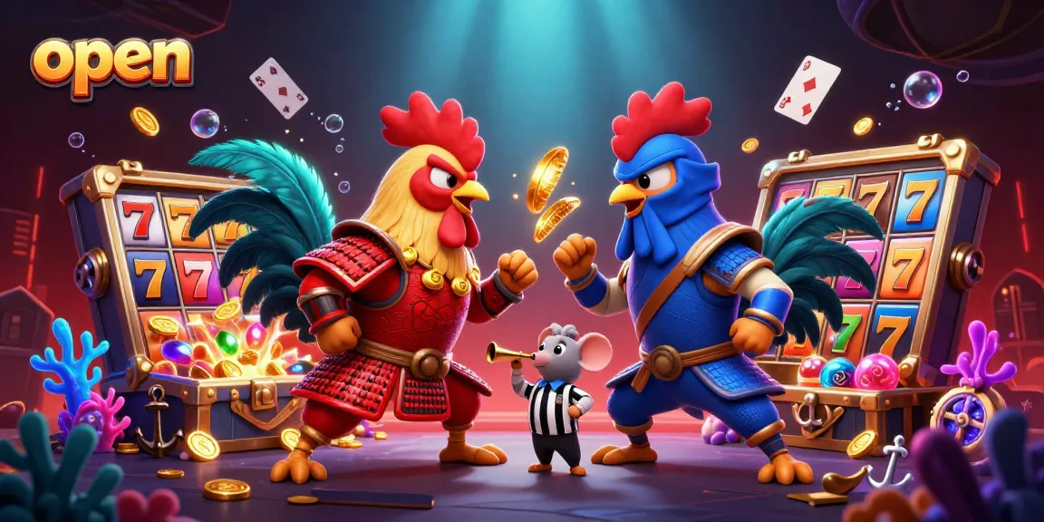 Open thrilling gameplay featuring twin roosters battling in a spectacular casino scene with dynamic slot elements and lights.