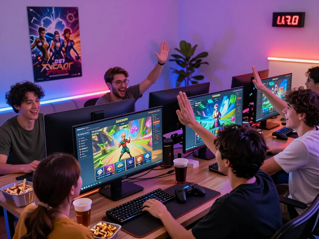 Friends celebrating a win on the Sunwin gaming app with vibrant atmosphere and snacks.