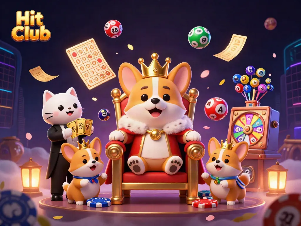 Engaging scene of Hit Club showcasing a royal corgi on a throne of poker chips with game elements.