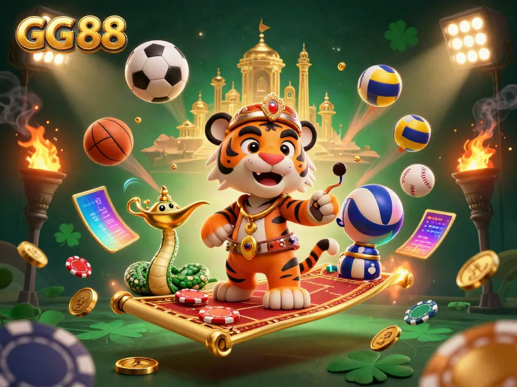 Experience the excitement of GG 88 with a vibrant 3D illustration featuring a tiger sultan and casino elements.