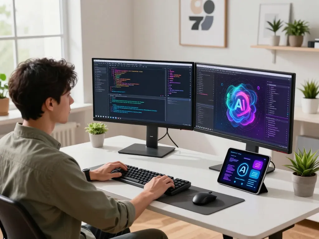 Dynamic tech workspace illustrating a developer engaging with juicy ai models on dual monitors showcasing code and AI dashboards.