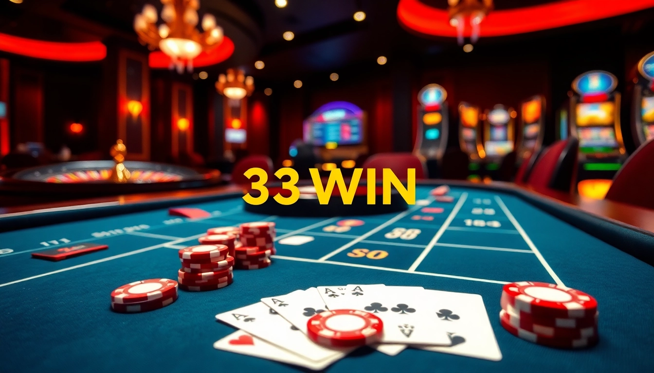 33WIN casino table featuring cards, chips, and an engaging online gambling interface.