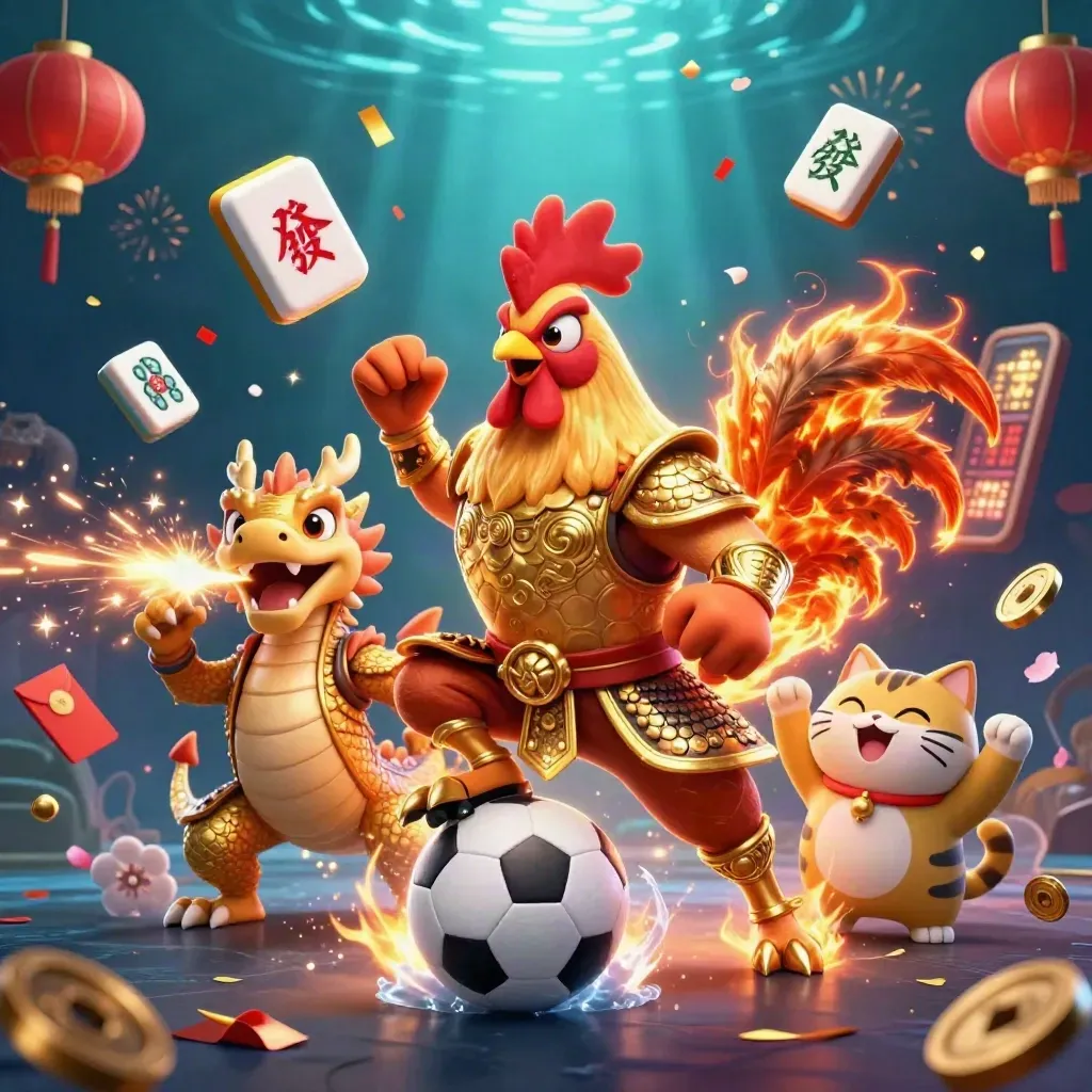 Rooster in gouden harnas, draakje en gelukskat met sportballen en casino-effecten in een explosieve scène.