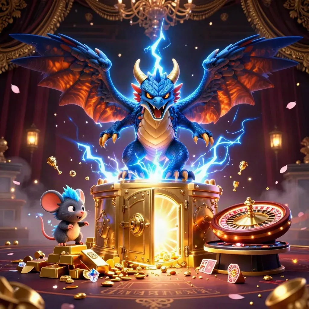 Draken, havik en muis bij open schatkluis met goud, kaarten en neonlicht.