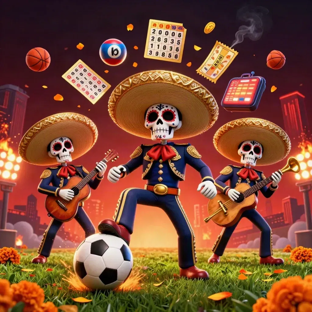 Skelet-mariachi’s met voetbal, casino-elementen en vurige lichten in luxe 3D-stijl.