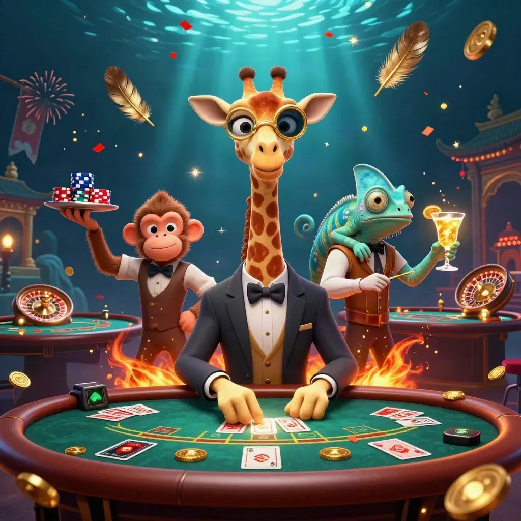 Giraffe, aap en kameleon bij casinotafel met goudlicht en magische energie.