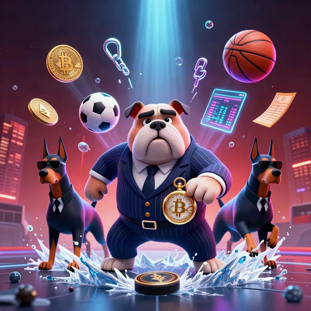 Stoere bulldog en Dobermans met casinoglans, munten, sportballen en neonlichten.