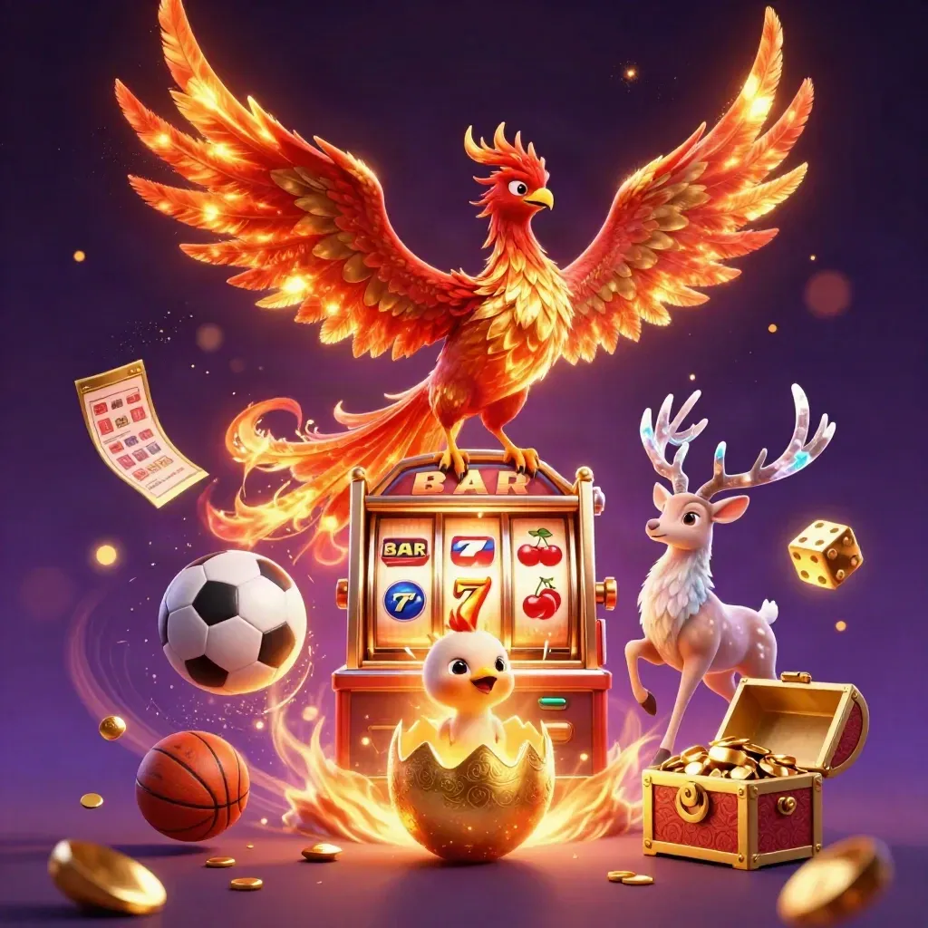 Vuurfenix, babypenix en kristallen hert met slotmachine en sportballen in gouden magie.