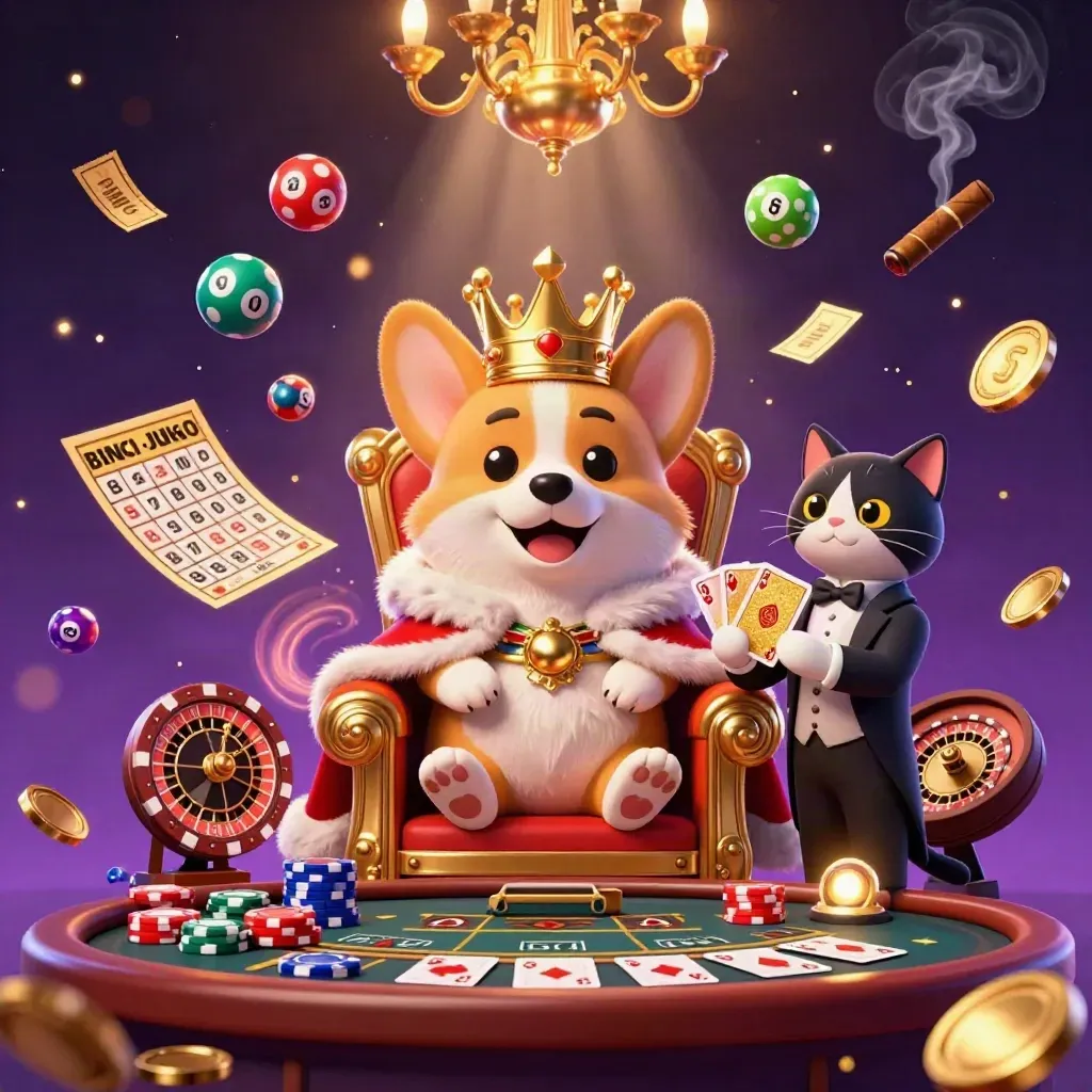 Koninklijke corgi en kattbutler in een luxe casinokamer met gouden wiel en sterrenlicht.