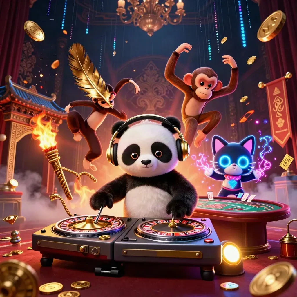 Panda-DJ, dansende aap en glow-stick kitten in luxe casinolicht met gouden accenten.