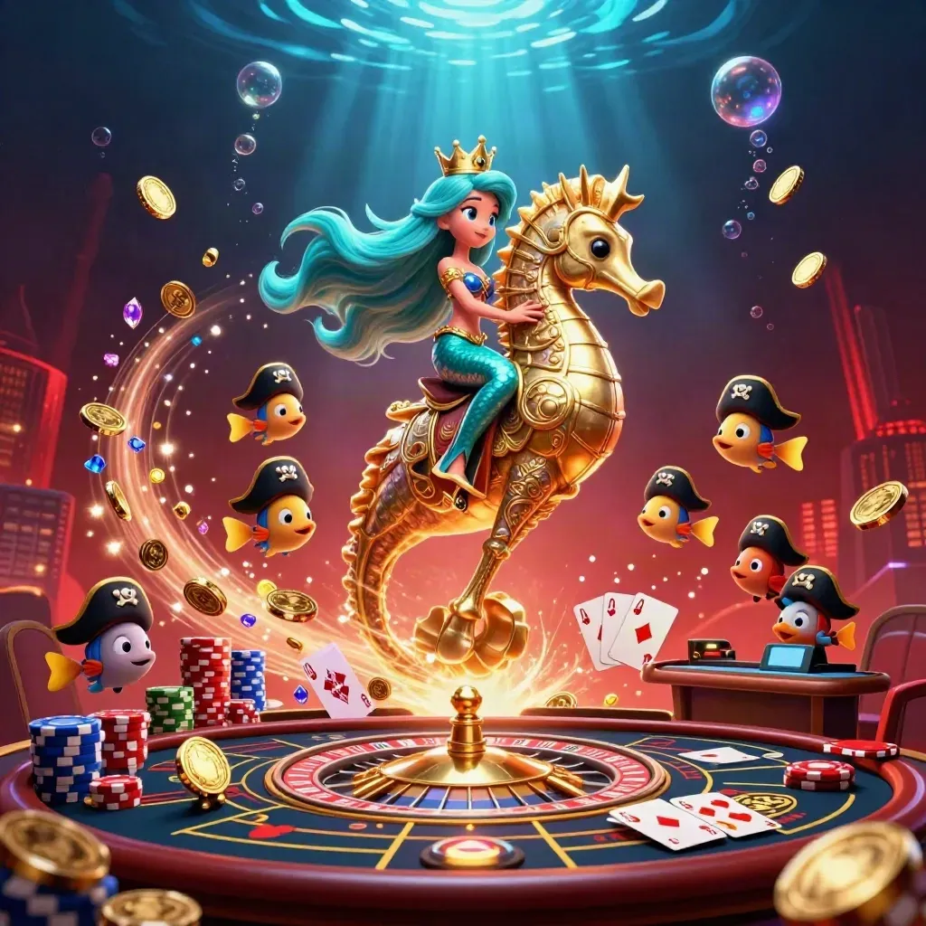 Zeemeermin op gouden zeepaard met piratenvisjes, casino-fantasy in blauwe en gouden gloed.