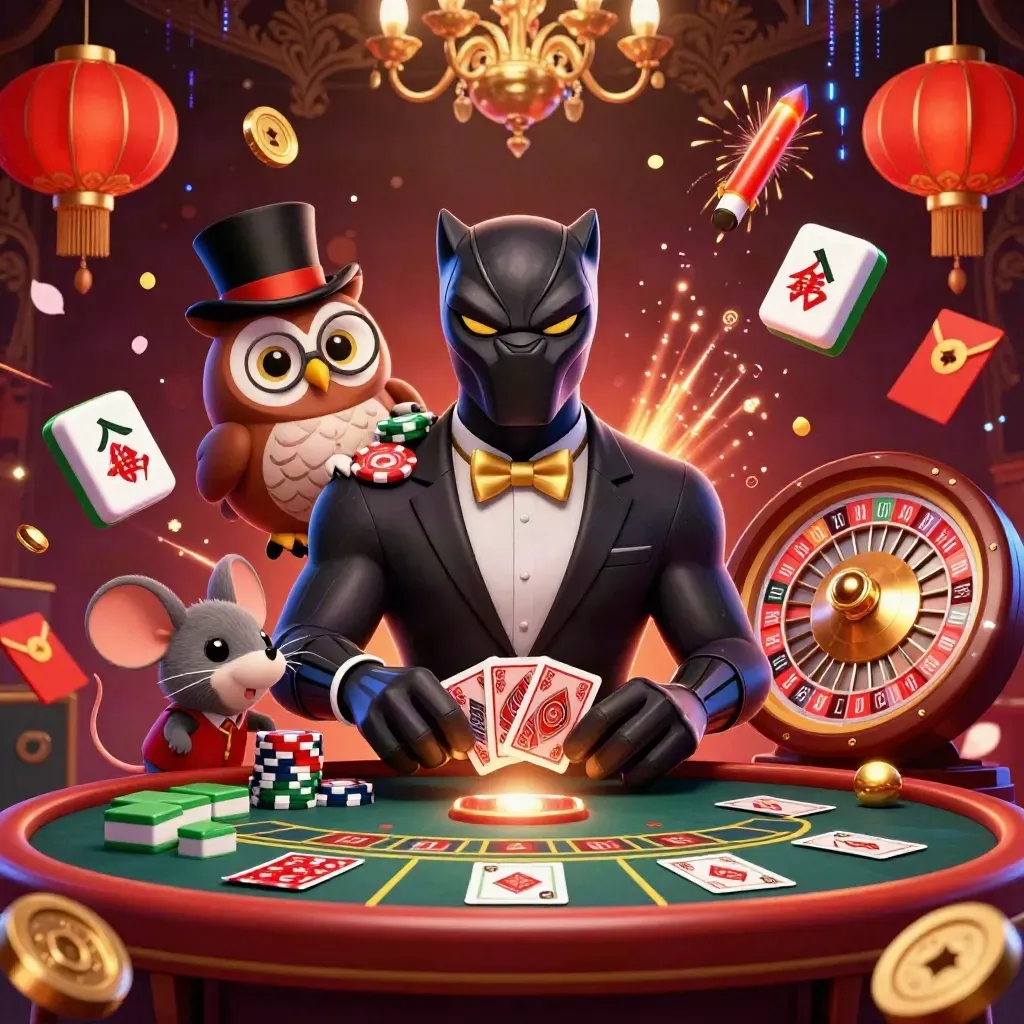 Panter, uil en muis in luxe casinozaal met gouden gloed, roulette en zwevende gelukselementen