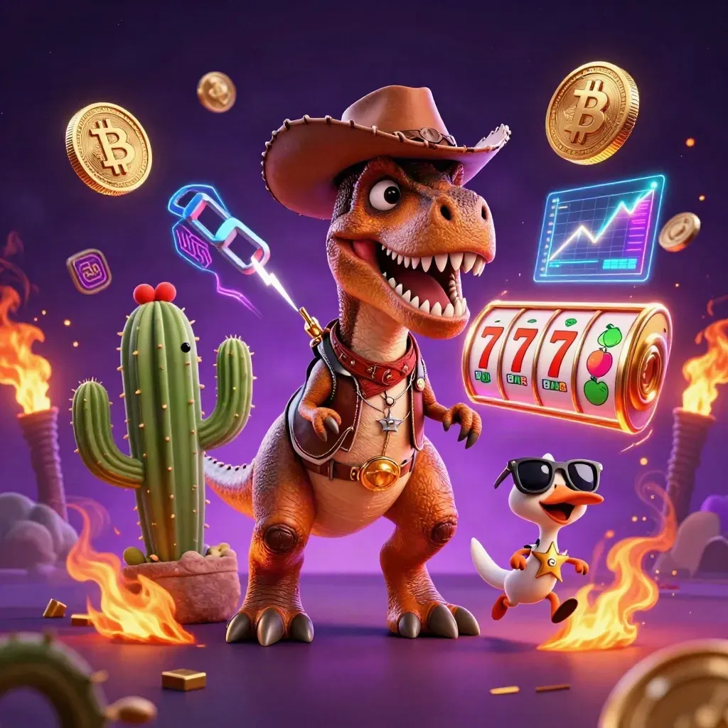 Cowboy-T-Rex, cactus en roadrunner in een neonexplosie van munten en magie.