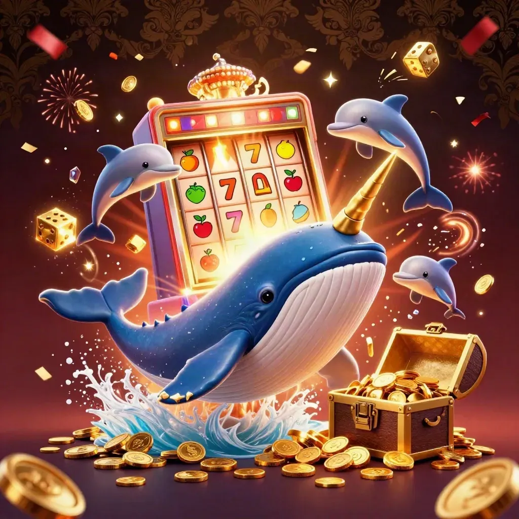 Whale-kapitein, narwal en dolfijnen bij een explosieve gokkast met goud en vuurwerk.