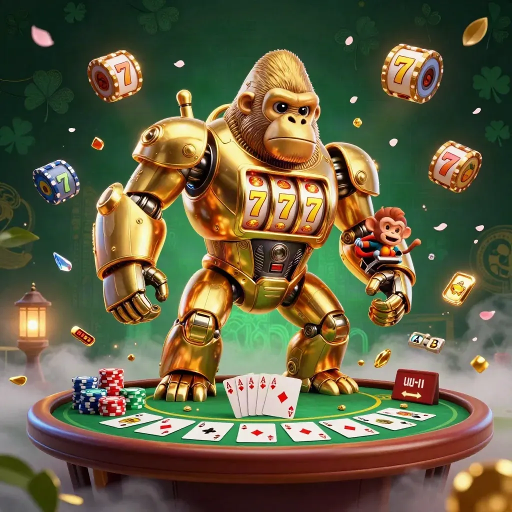 Gouden gorillamecha met aapje, pokerchips, kaarten en magische casino-energie.